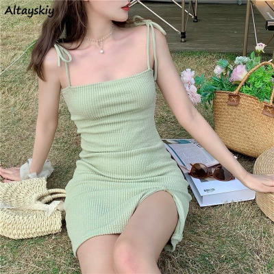 7.78US $ 5% OFF|Mini Dresses Women Sexy Green Spaghetti Strap Summer Thin Slim Empire Party All-match Elasticity Female Casual Aesthetic Bodycon - Dresses - AliExpress