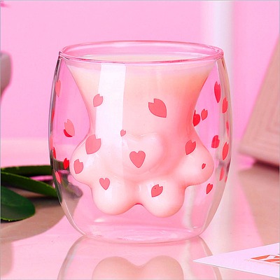 Cat Claw Cup Pink Cherry Printing Mug Cute Cat Foot Shape Transparent Double Wall Coffee Cups Insulated Mug Glass Cup Heat-resistant Handmade Creative Milk Mug Tea Whiskey Cup
