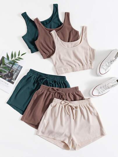 3pack Crop Tank Top & Knot Front Shorts Lounge Set