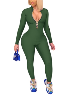ECHOINE Sexy Jumpsuits for Women Long Sleeve V Neck Zipper Casual One Piece Rompers Bodycon Outfits