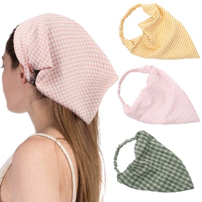Floral Head Kerchief Hair Scarf - 3PCS Chiffon Hair Bandanas Print Floral Hair Scarf Headband with Hair Clip Kerchief Head Scarf Bandana for Women (Plaid(Green/Yellow/Pink))