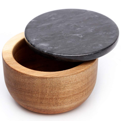 jalz jalz Large Wood Salt Box Spice Seasonings Keeper Solid Natural Acacia Base Black Marble Lid Elegant Design Decorative Boxes Big Capacity