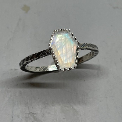 Dainty Rainbow Moonstone Coffin Ring Custom Sized Memento | Etsy