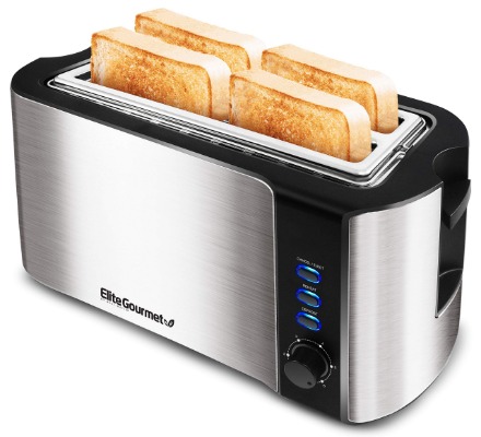 Elite Platinum Cool Touch Long Slot Toaster with Extra Wide 1.25" Slots for Bagels, 6 Settings, Space Saving Design, Warming Rack, 4 Slice, Stainless Steel  Black