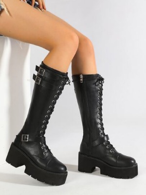 Buckle Decor Lace-up Front Platform Combat Boots