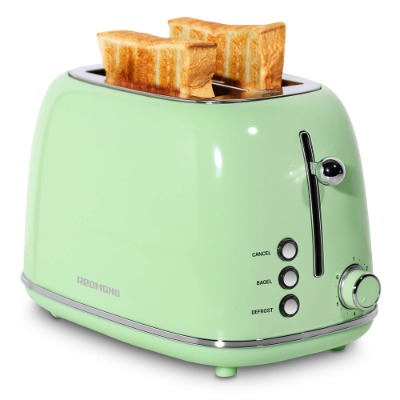 REDMOND 2 Slice Toaster Retro Stainless Steel Toaster with Bagel, Cancel, Defrost Function and 6 Bread Shade Settings Bread Toaster, Extra Wide Slot and Removable Crumb Tray, Green, ST028