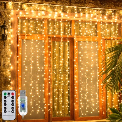 Ollny Curtain Lights Christmas String Fairy Twinkle LED Lights 6.6FT 8 Lighting Modes USB Remote Dimmable Warm White Window Wall Hanging Light for Xmas Tree Bedroom Wedding Party Home Outdoor Indoor