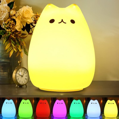CHWARES Portable LED Children Night Light Kids Multicolor Silicone Cat Lamp, Warm White &7-Color Breathing Dual Light Modes, Sensitive Tap Control for Baby Adults Bedroom, USB Rechargeable Lighting