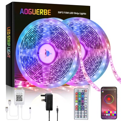 AOGUERBE Led Strip Lights, 15m Led Light Strips with Bluetooth APP and 44 Keys Remote Control, 24V RGB 5050 Color Changing Music Sync Flexible Strip Light for Bedroom Home Party Decoration DIY