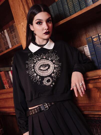 ROMWE Academia Eye & Moon Graphic Contrast Collar Sweatshirt