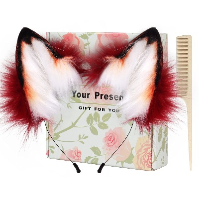 HAOAN Handmade Cat Fox Fur Ears Hairhoop Headwear Anime Fancy Dress Party Cosplay Halloween Costume Headband Hairband Wine