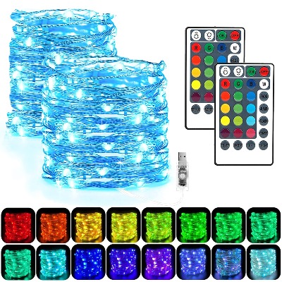 USB Fairy String Lights, 2 Pack 50 LEDs 16 Colors Changing Sliver Wire Lights, Larger RGB Bulb Super Bright Lights with 4 Lighting Modes Remote Control for Christmas Bedroom Party Outdoor Decoration