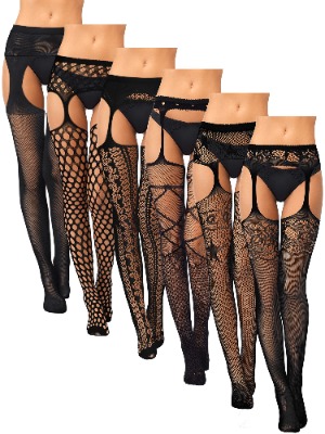 6 Pairs Women Fishnet Stockings Lace Fishnet Tights Hollow Floral Suspender Pantyhose