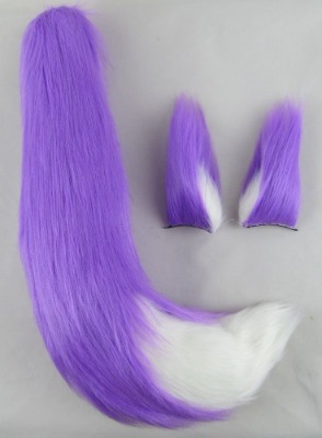 Happylifehere Furry Fox Ears Fox Tail Unisex Adult Fancy Dress Cosplay Costume Halloween Party (33.5" tail, Light purple and White)