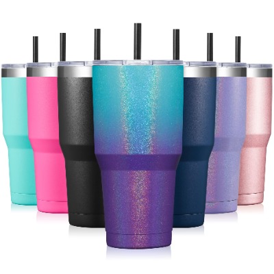 ALOUFEA 30oz Stainless Steel Ombre Glitter Tumbler, Insulated Coffee Tumbler Cup with Lid and Straw, Double Walled Travel Coffee Mug for Hot  Cold Drinks (Glitter Lightning, 1 Pack)