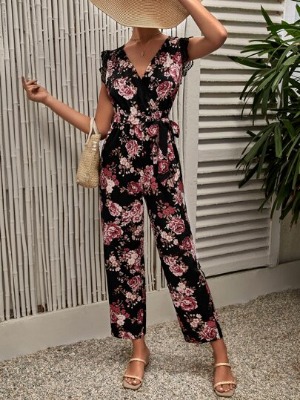 SHEIN Floral Print Contrast Guipure Lace Belted Jumpsuit