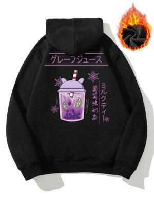 Men Milk Tea And Letter Graphic Thermal Lined Drawstring Hoodie