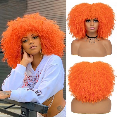 Curly Afro Wig With Bangs - Afro Wigs for Black Women Orange Wig Short Kinky Curly Afro Wigs 14 Inch Synthetic Hair Replacement Wigs (14 Inch, 24c)