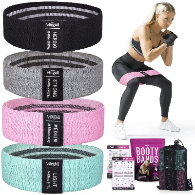 Vergali Fabric Booty Bands for Women Butt and Legs. Set of 4 Non Slip Cloth Resistance Working Out Band for Glute, Thigh, Squat with Workout Resistant Fitness Training Guide to Exercise at Home or Gym
