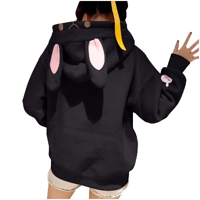 Lolita Dress Kawaii Soft Plush Hoodie Coats for Women Teens Girls Rabbit Bunny Ears Long Sleeve Loose Jacket Outwear