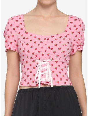 Strawberry Lace-Up Girls Crop Woven Top | Hot Topic