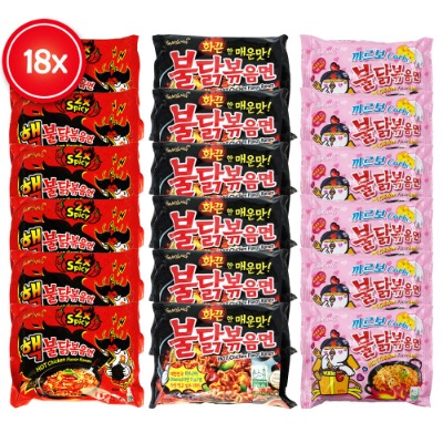 18x Samyang Ramen Instant Nudeln - Fire Noodle Set mit Hot Chicken Flavour - 6x Buldak Spicy, 6x Extra Spicy & 6x Carbonara