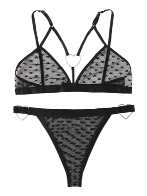 WDIRARA Women's Sexy Heart Ring Harness Solid Sheer Spaghetti Strap Lingerie Set