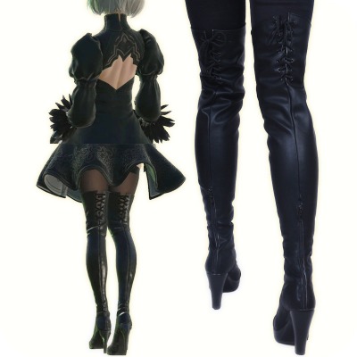 Botas de cuero sintético YoRHa 2B para Cosplay, zapatos de tacón alto con cordones, color negro, talla 35 47|zapatos|   - AliExpress
