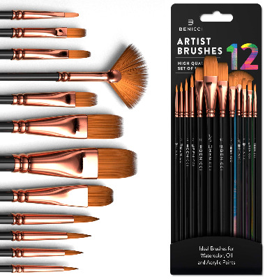 Professional Artist Paint Brush Set of 12 - Painting Brushes Kit for Kids, Adults Fabulous for Canvas, Watercolor  Fabric - for Beginners and Professionals - Great for Water, Oil or Acrylic Painting