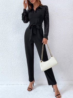 Contrast Lace Zip Back Belted Jumpsuit