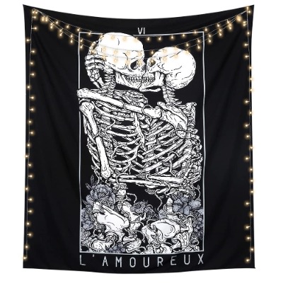 LOMOHOO Skull Tapestry Kissing Lover Black and White Tarot Skeleton Flower Tapestry Wall Hanging Beach Blanket Romantic Bedroom Dorm Home Decor (M:130x150cm/51"x59")