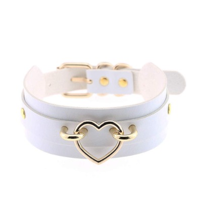 Jurxy Heart Choker Necklace PU Leather Goth Choker Collar with Heart Punk Rock Collar Adjustable Size –White with Gold Heart