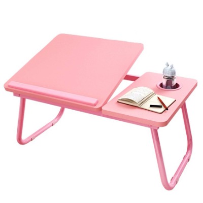 KUOOAN Laptop Bed Table, Foldable Portable Lap Standing Desk with Cup Slot, Notebook Stand Breakfast Tray Book Reading Holder for Sofa Bed Balcony, 0-45 Degree Adjustable (Pink)