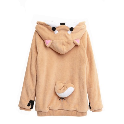 CORIRESHA Cute Coral Velvet Long Sleeve Shiba Inu Dog Home Wear Clothes Hoodie Sweatshirt with 3D Dog Ear and Dog Tail