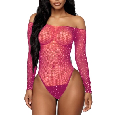 Women Sexy Sparkle Rhinestone Teddy Fishnet Long Sleeve Bodysuit Top One Piece Sheer Mesh Lingerie Off Shoulder Outfit