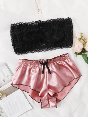 Floral Lace Bandeau Bralette With Satin Shorts