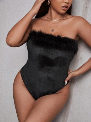 Plus Fuzzy Trim Velvet Tube Bodysuit