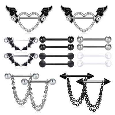 Zolure 14G Nipple Rings Piercing Jewelry Stainless Steel Nipple Tongue Rings CZ Nipplering Piercing Women Set Barbell Chain Body Jewelry
