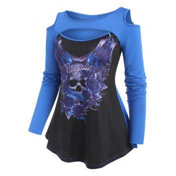 Skull Flower Wing Print Cold Shoulder Cutout T Shirt
