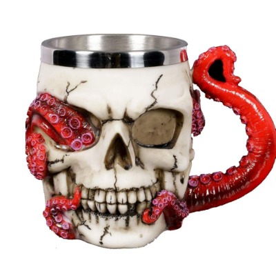 Skull Mug Parasite Octopus Beer Coffee Mugs with Tentacle Handle, Stainless Steel and Resin Tankard Skeleton Cranium Skull Beverage Drinking Cup for Ossuary Macabre Halloween Decorative Accent - 13oz