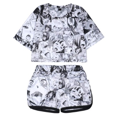 Women's Ahegao Face Print 2 Piece Outfits Crop Top and Shorts Pajamas Set XS-2XL