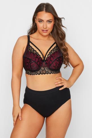 Plus Size Black & Pink Lace Strap Detail Padded Underwired Longline Bra 