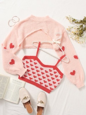 SHEIN Heart Pattern Knit Top & Mock Neck Drop Shoulder Shrug Sweater