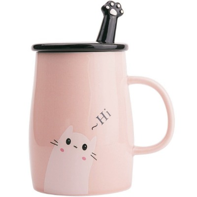Angelice Home Pink Cute Cat Mug, Funny Ceramic Cat Coffee Cup with Spoon, Novelty Coffee Mug for Coffee Tea
