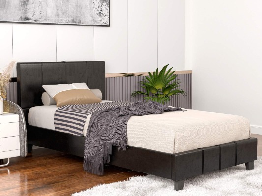 mecor Twin Size Bed Frame - Black Faux Leather Upholstered Platform Bed with Headboard - No Box Spring Needed - Black / Twin