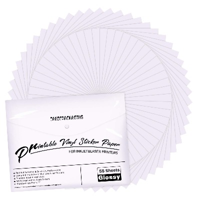 Premium Printable Vinyl Sticker Paper - for Inkjet and Laser Printer - 55 Pack Glossy White Waterproof Inkjet Printable Vinyl - Dries Quickly and Holds Ink Beautifully JANDJPACKAGING