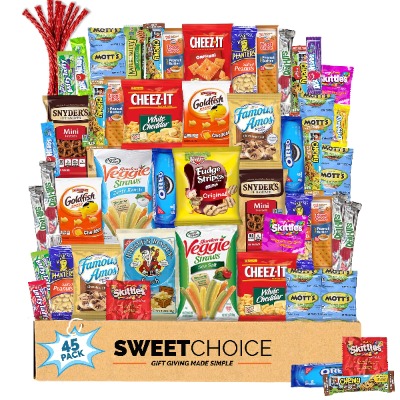 Snack box variety pack (45 Count) Gift Box for Teens - Gift Basket Food Arrangement for Dad - Birthday Candy Basket for Men, Women, Boys, Girls, Kid, Adult, College Student