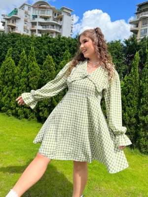 Plus Gingham Print Flounce Sleeve Dress