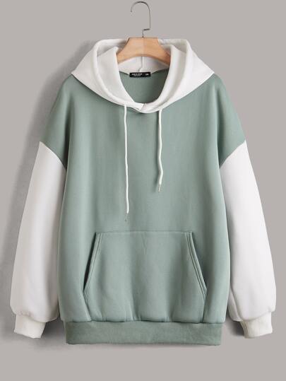 Plus Drop Shoulder Two Tone Drawstring Hoodie