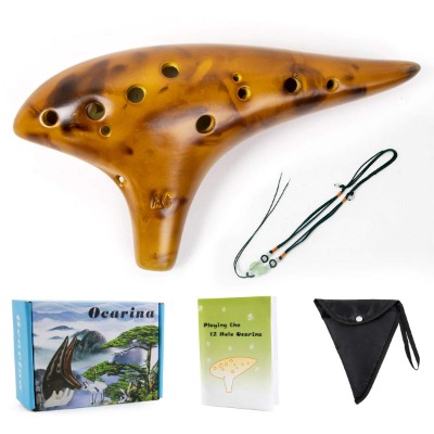 Ocarina 12 Tones Alto C with Song Book Display Stand Neck String Neck Cord (Yellow)